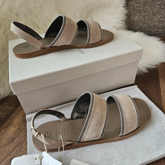 NWT!! Brunello Cucinelli Monili/Beaded Suede Sling Back Flat Sandals 7.5 - Picture 3 of 16